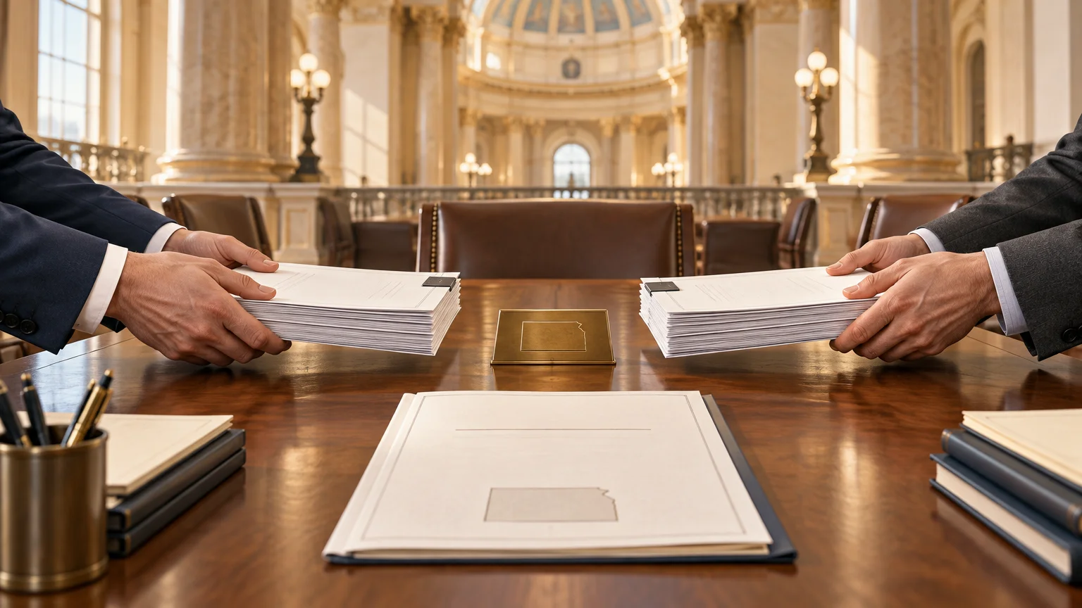 Two suited people hold separate stacks of documents across a polished conference table in a grand capitol-style room, with a Kansas-shaped emblem visible on a brass plaque and a folder in the foreground.
