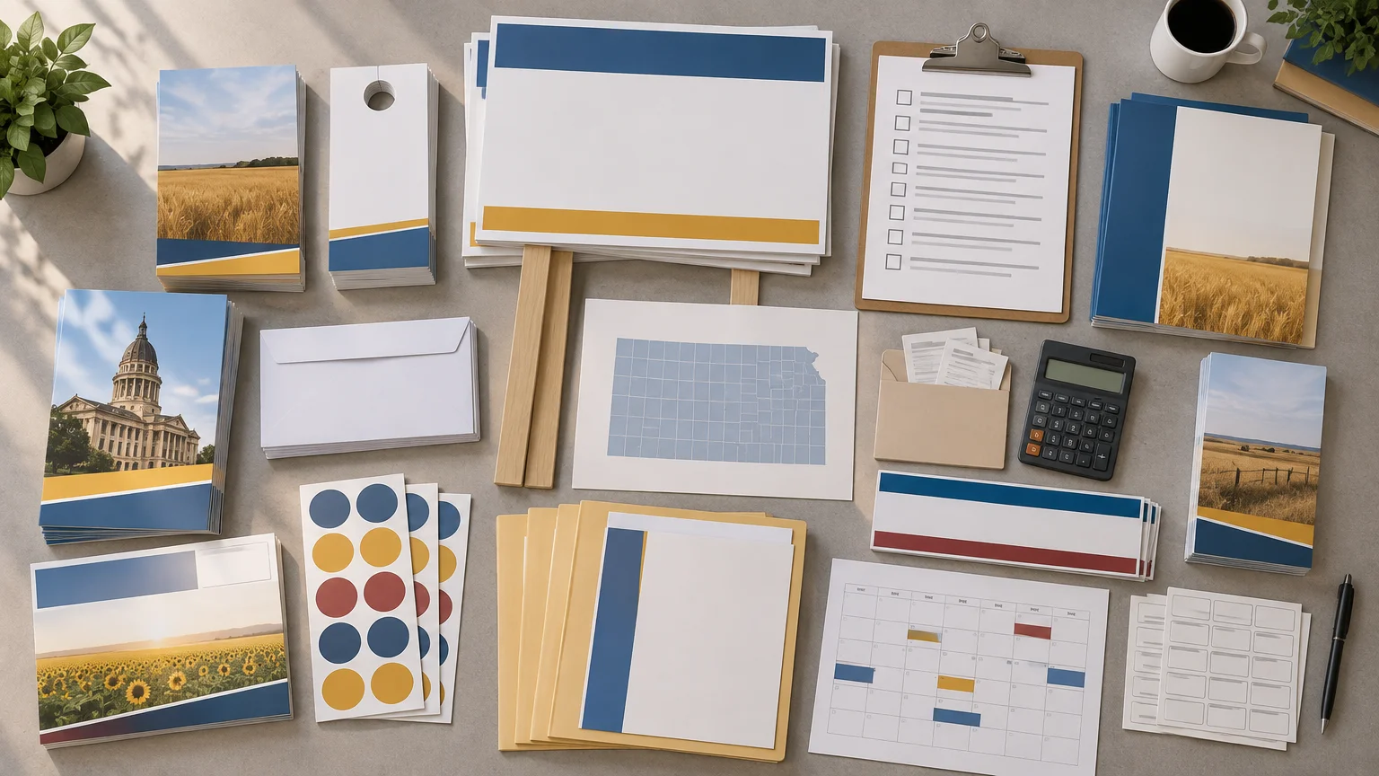 Overhead view of a neutral campaign print kit on a table, including blank yard signs, flyers with Kansas prairie and capitol images, a Kansas map card, envelopes, stickers, a checklist clipboard, a calendar, receipts, and a calculator.