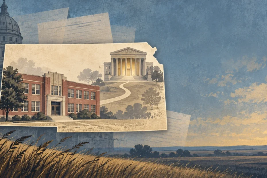 Textured illustration of a Kansas-style capitol dome, a red-brick school, and a columned courthouse layered over prairie fields and faded document pages.