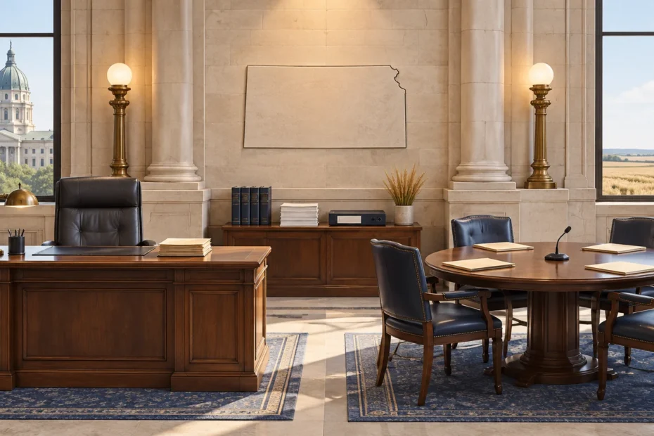 Formal government office with a large executive desk, a round meeting table with chairs and folders, a blank outline map of Kansas on the wall, and views of a domed capitol building and farmland through tall windows.