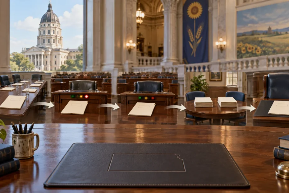 Kansas Statehouse chamber and dome with a sequence of document-filled desks connected by white arrows, illustrating a bill moving through the legislative process.