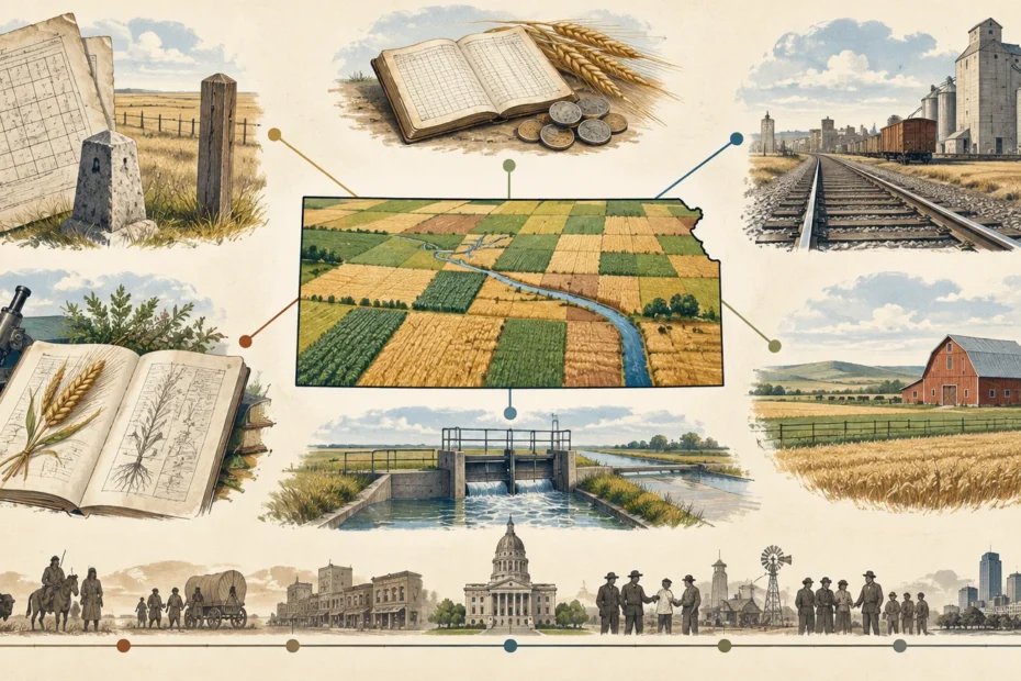 Illustrated infographic centered on a Kansas-shaped map of patchwork farmland, surrounded by land records, farm research books, wheat, grain elevators and rail tracks, a barn, irrigation gate, historic settlers, the state capitol, and groups of rural and urban figures linked by colored lines.