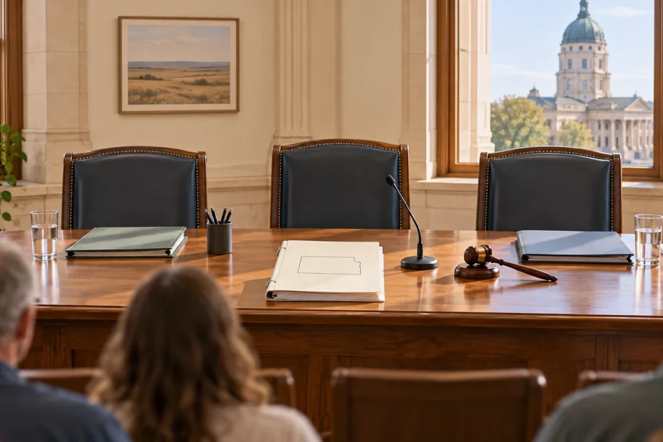 Three empty chairs at a polished meeting table with a microphone, gavel, folders, and a Kansas-outline document; seated attendees face the table, with a domed government building visible through the windows.