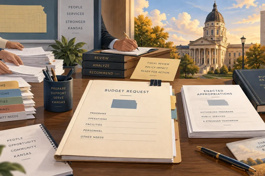 Illustrated desk covered with budget-request papers, labeled document stacks, binders, and pens, with people sorting and writing on documents; the Kansas Statehouse and autumn trees appear in the background beside a Kansas-shaped map.