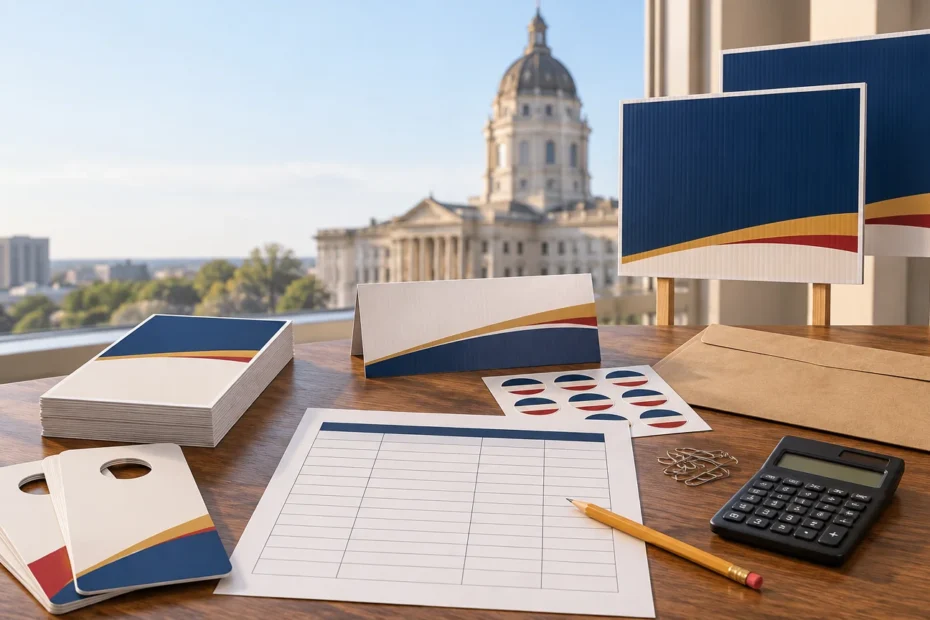 Neutral campaign print materials on a wooden table, including blank yard signs, flyers, door hangers, stickers, a budget worksheet, pencil, calculator, and envelope, with a domed capitol building in the background.