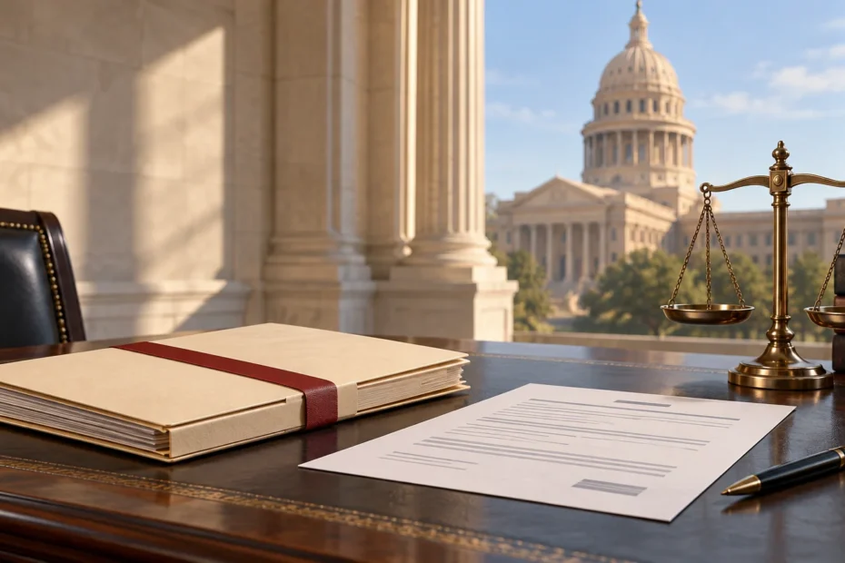 Legal documents and folders on a desk beside balanced scales of justice, with a domed government building visible through large stone columns.