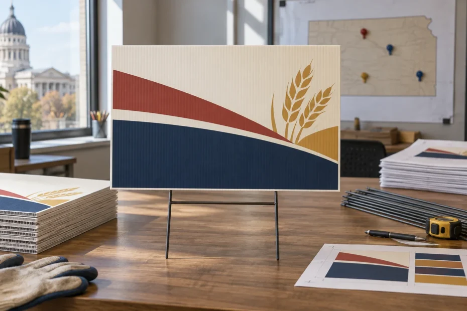 Corrugated yard sign with red, navy, and gold wheat design on a metal stake, surrounded by stacked signs, wire frames, a tape measure, gloves, and a Kansas-shaped wall map; the Kansas Statehouse is visible through a window.