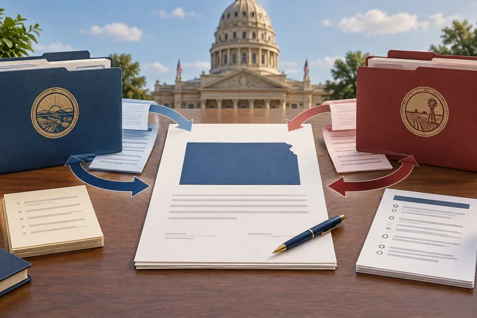 Illustrated desk with blue and red government-style file folders, circular seal-like emblems, documents, curved exchange arrows, and a Kansas-shaped map in front of a domed capitol building.